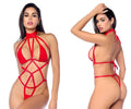 Red strappy lace-up bikini set with high neckline and back ties in mapale 2808 bodysuit color red shown from back