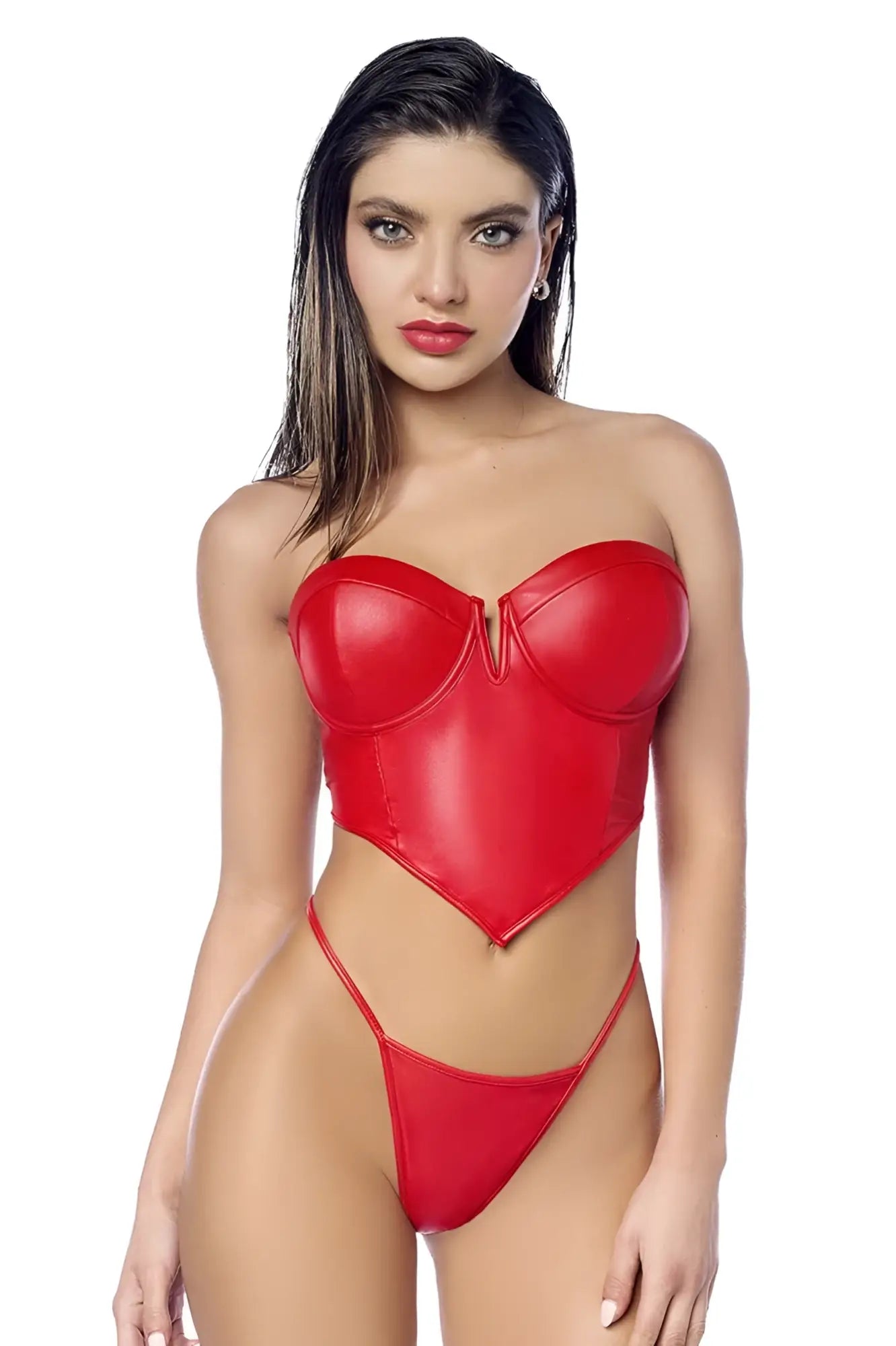 Red faux leather corset top with sweetheart neckline and matching thong from Mapale 2809 two piece set in red