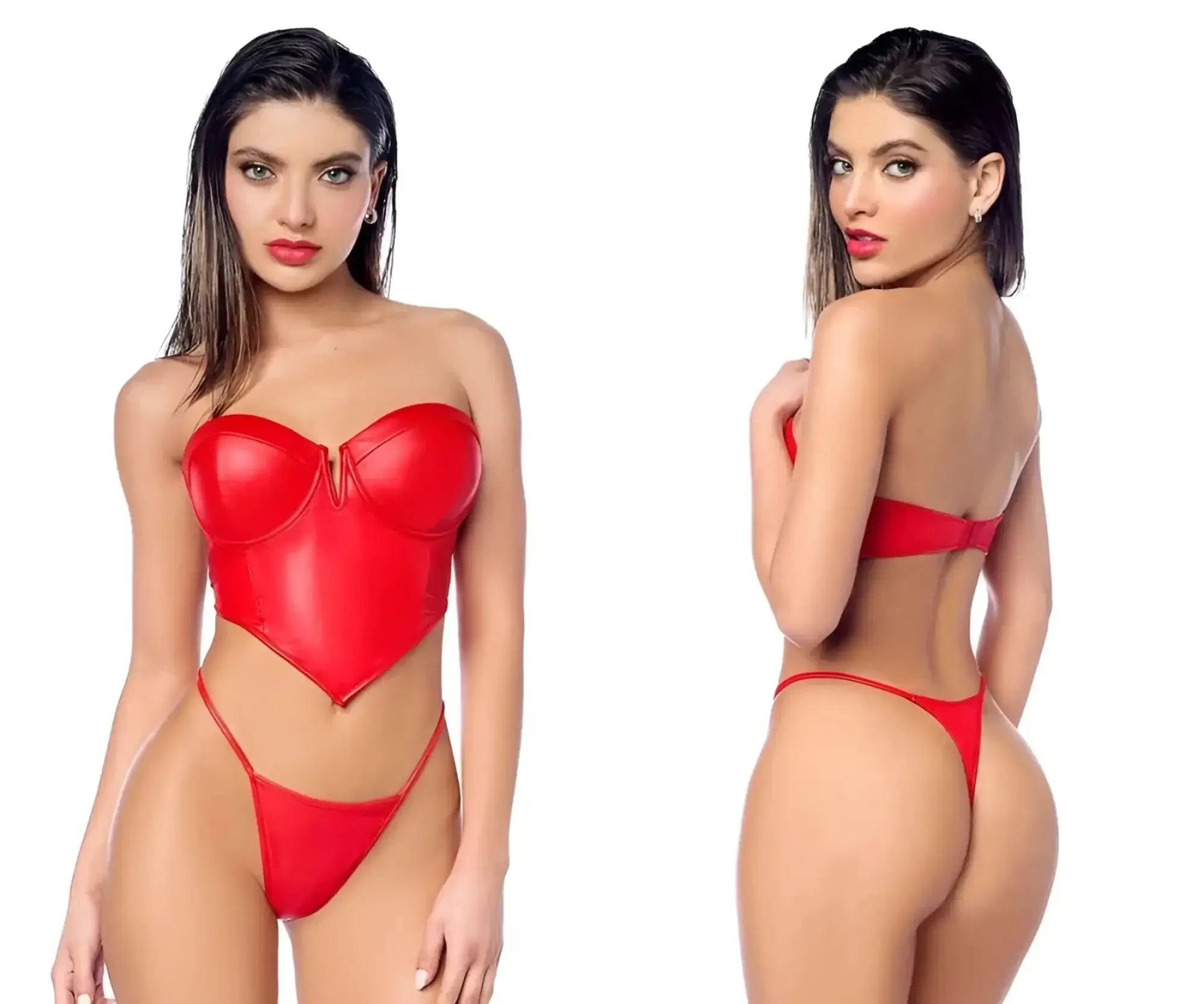 Red latex corset top with matching thong briefs from mapale 2809 two piece set for bold lingerie looks
