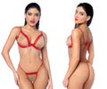 Red and gold beaded fringe bikini set mapale 2811 two piece set with decorative beaded detailing in red and gold