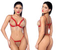 Red and gold beaded fringe bikini set mapale 2811 two piece set with decorative beaded detailing in red and gold