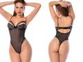 Mapale 2813 bodysuit black sheer with metallic fringe detailing and a back cutout design shown from the back side