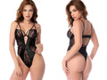 Black lace Mapale 2815 bodysuit with sheer mesh panels and sleek form-fitting design in black color