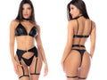 Black faux leather lingerie set with bra high waisted thong and garter belt mapale 2816 four piece set