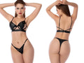 Black leather lingerie two piece set with silver studs and thin straps by Mapale model 2817 in black