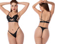 Black leather lingerie two piece set with silver studs and thin straps by Mapale model 2817 in black