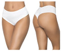 White mapale 3037 high waist bikini briefs with smooth stretchy fabric and ruched back design shown from the back