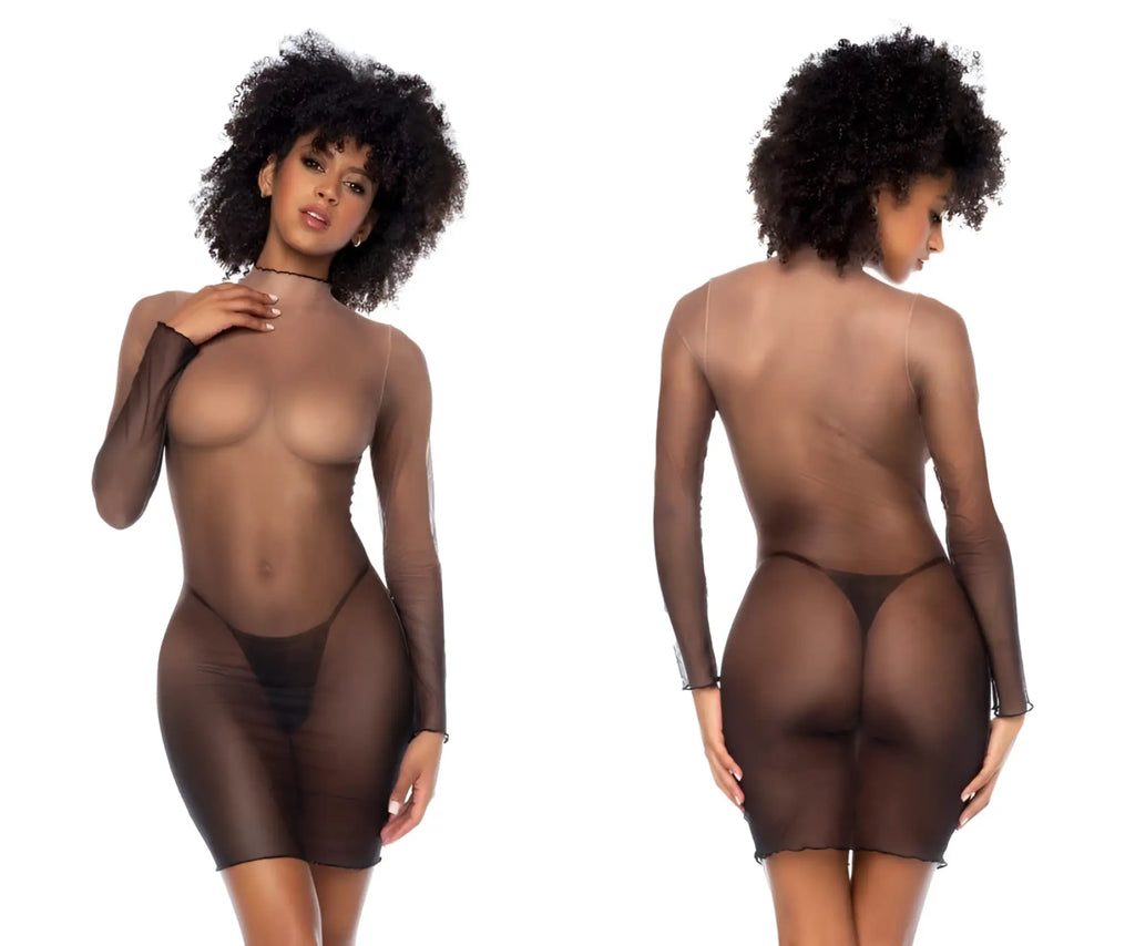 Black sheer long-sleeved bodycon dress with solid black thong-style back panel mapale 40000 dress color midnight shadow