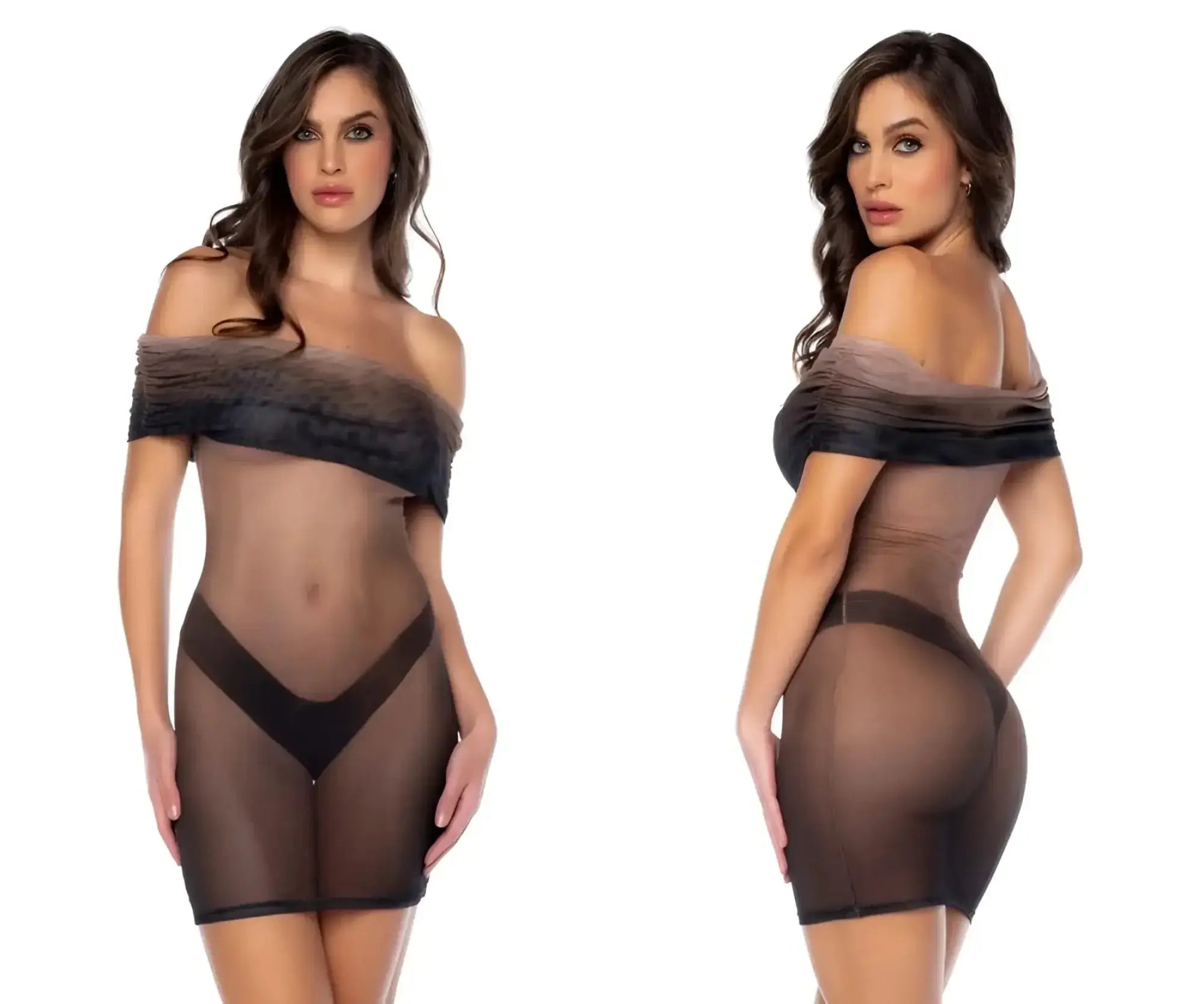 Black sheer off-shoulder bodycon dress with black lace trim and v-shaped back panel shown from the back in midnight shadow
