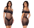 Black sheer off-shoulder bodycon dress with black lace trim and v-shaped back panel shown from the back in midnight shadow