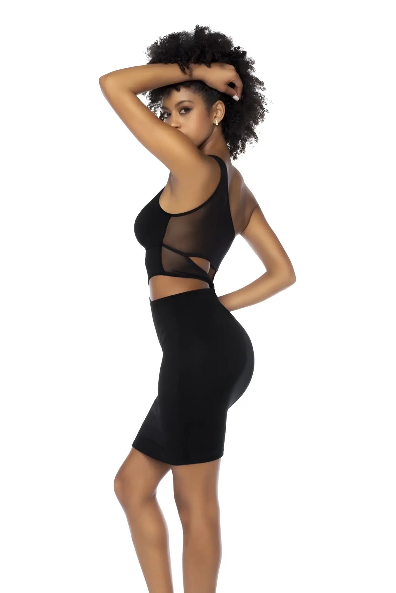Black sheer mesh crop top with side cutouts paired with a black form-fitting pencil skirt by Mapale 40004 dress