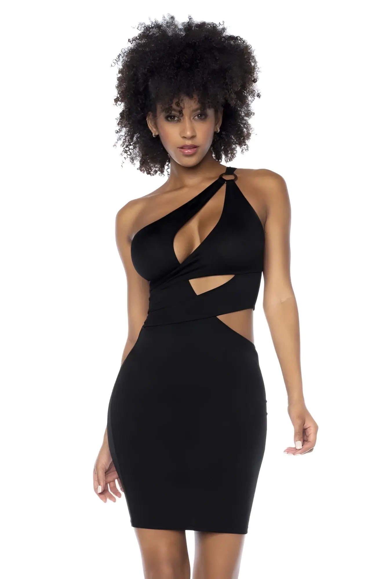 Black one-shoulder bodycon dress with cut-out details by mapale suitable for stylish evening wear