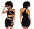 Black mapale 40006 one-shoulder bodycon dress with cut-out details and gold circular hardware accents