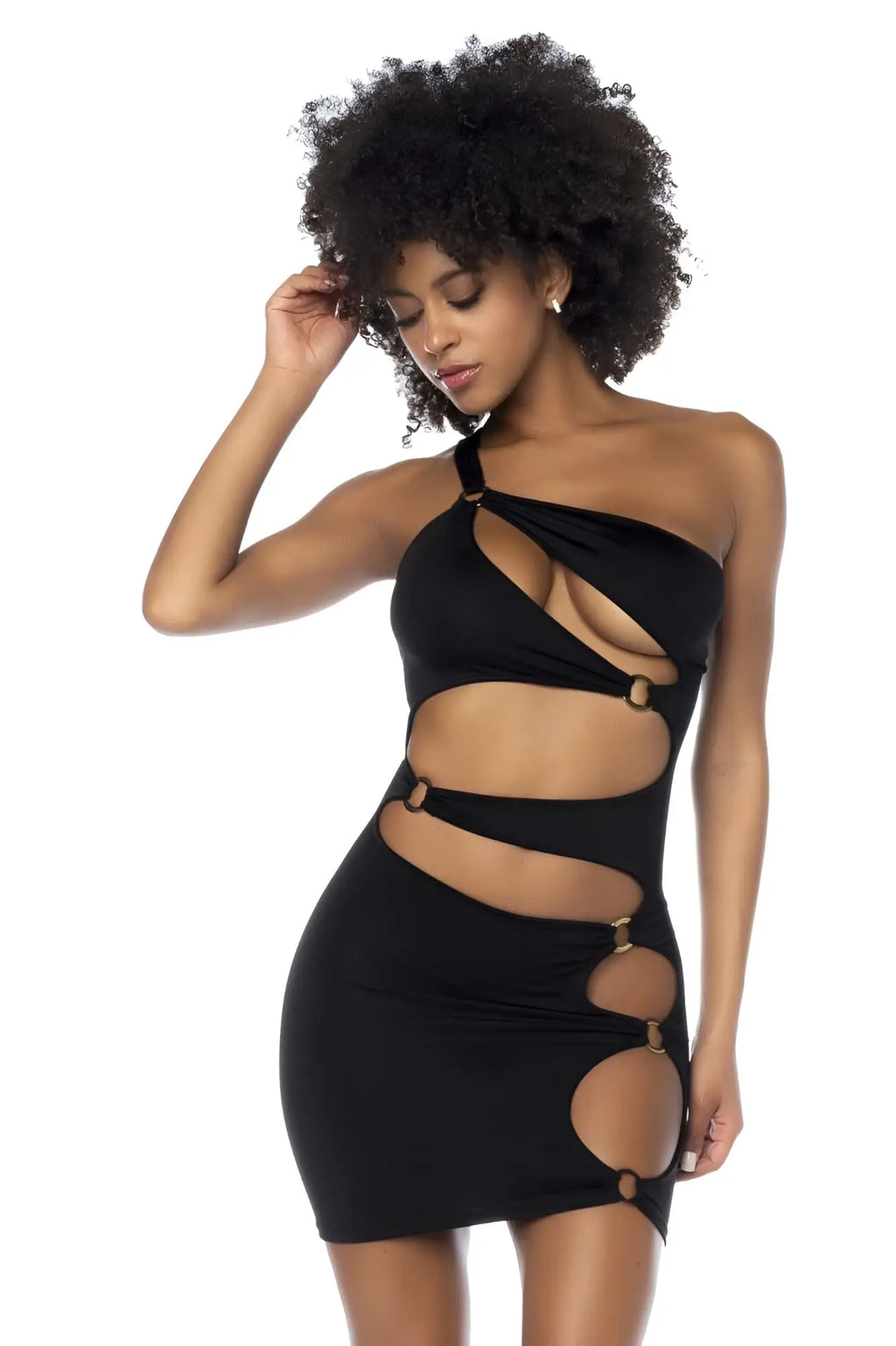 Black one-shoulder cut-out mini dress by mapale with gold-toned circular hardware accents in dress 40006 color black