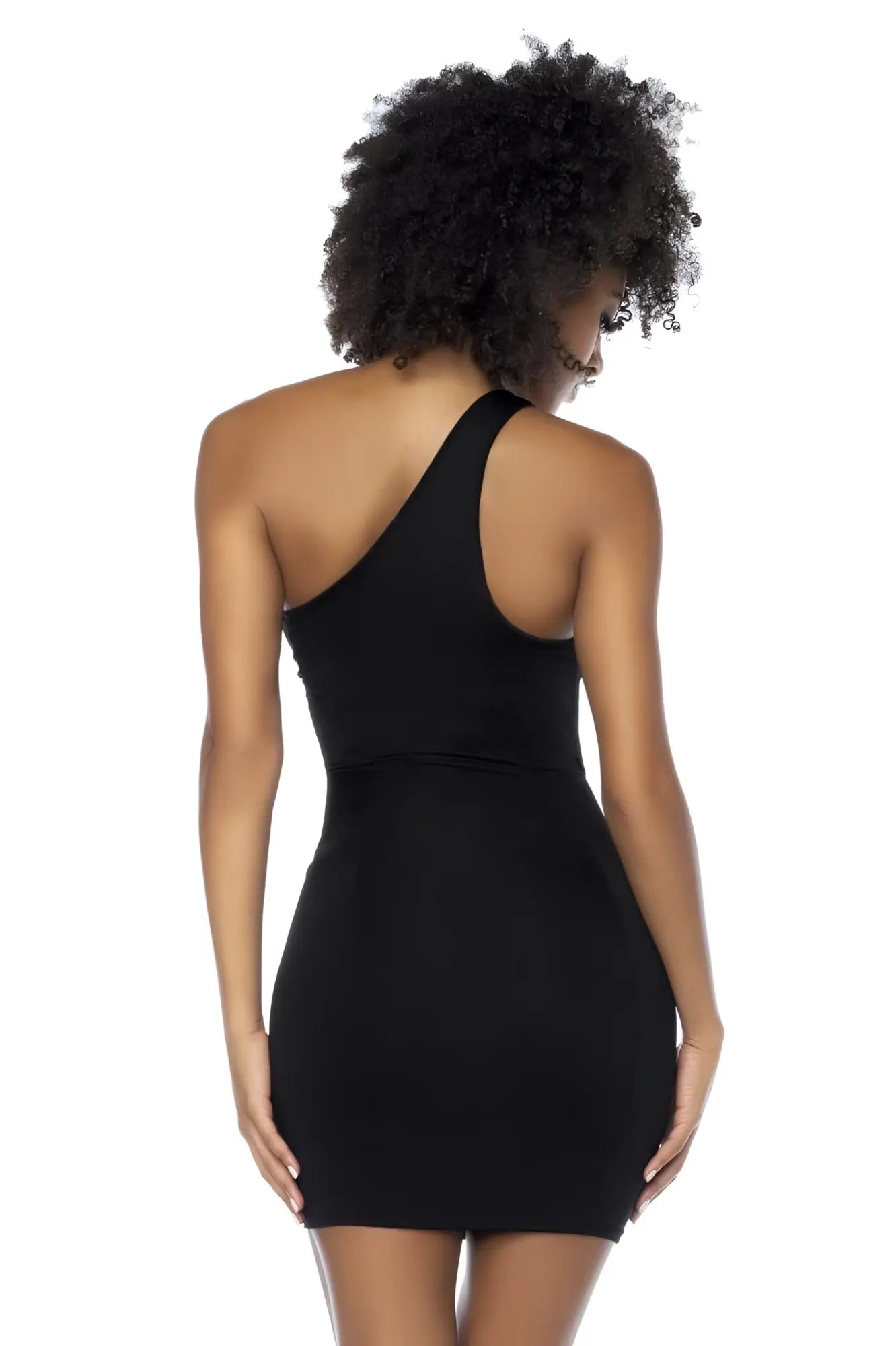 Black mapale 40006 mini dress with one shoulder fitted silhouette made of smooth stretchy fabric