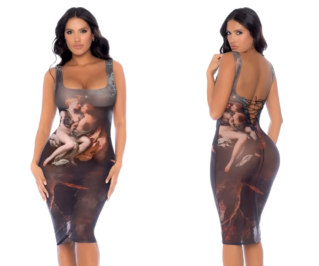 Mapale 40011 sleeveless midi dress in dark brown and gray with intricate classical painting print and ornate details