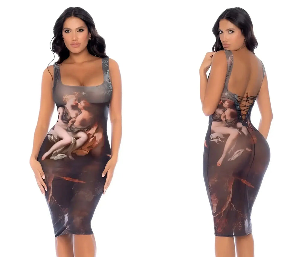 Mapale 40011 sleeveless midi dress in dark brown and gray with intricate classical painting print and ornate details