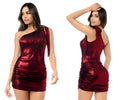 Shimmery red burgundy metallic one-shoulder mini dress with ruched bodice and side slit from mapale 40017 collection
