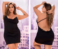 Back view of mapale 4551x black satin mini dress with thin spaghetti straps and gold chain backless detailing