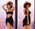 Black one-shoulder Mapale 4566 dress with cutout midsection and draped asymmetrical skirt in sleek fabric