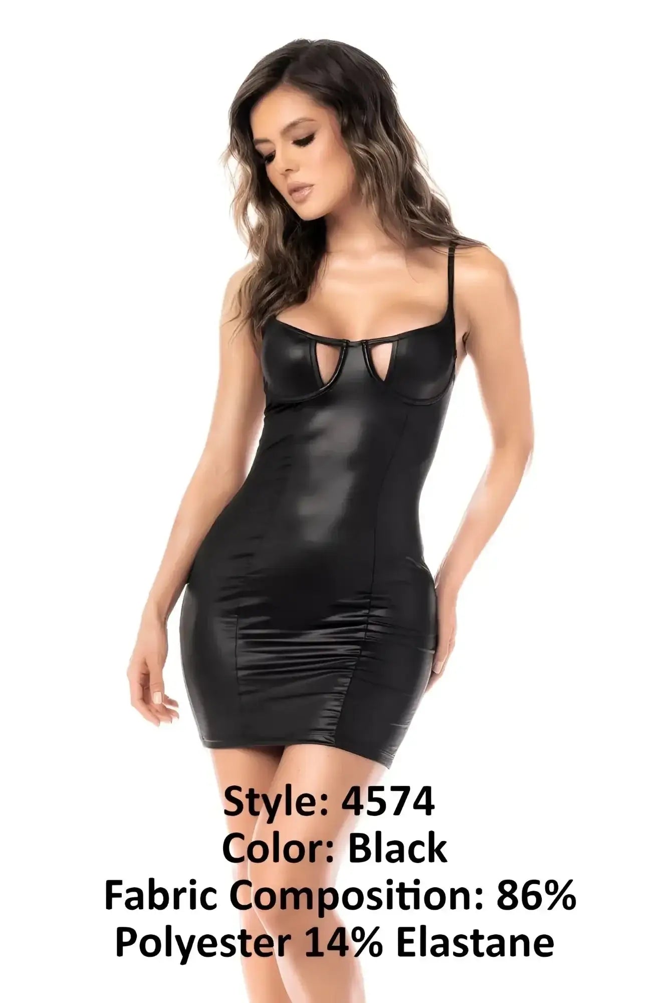 Mapale 4574 dress black glossy faux leather mini dress with thin spaghetti straps and cutout neckline