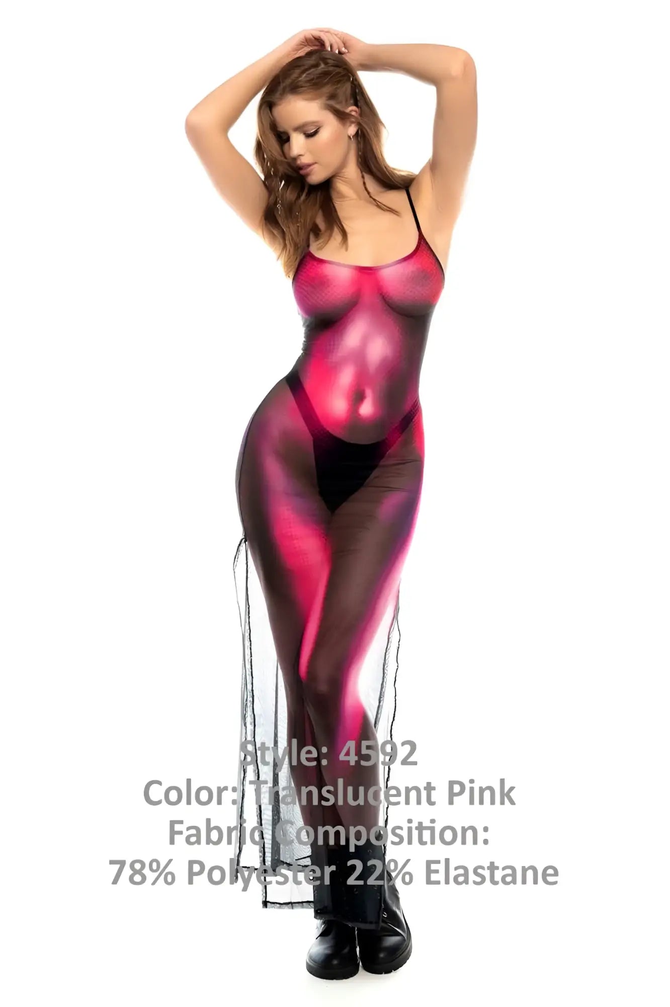 Translucent pink mapale 4592 neptune dress bodysuit with sheer fabric and black mesh side panels in a form fitting design