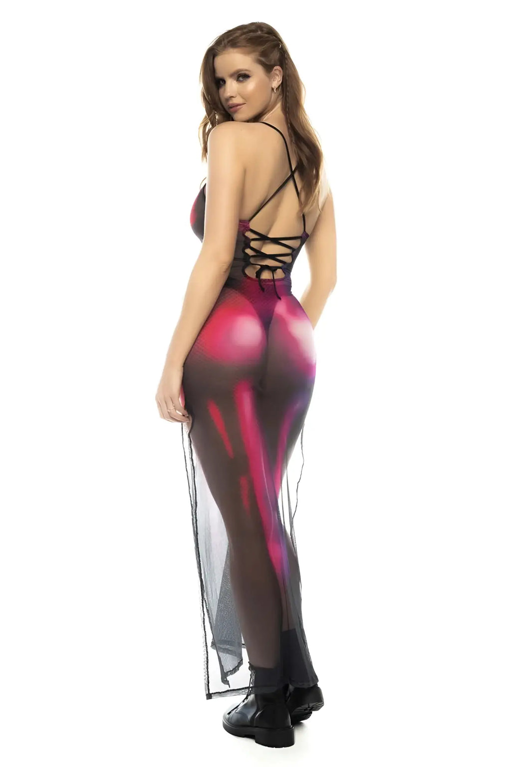 Mapale 4592 Neptune sheer translucent pink dress with vibrant pink and black skeletal design and open back shown