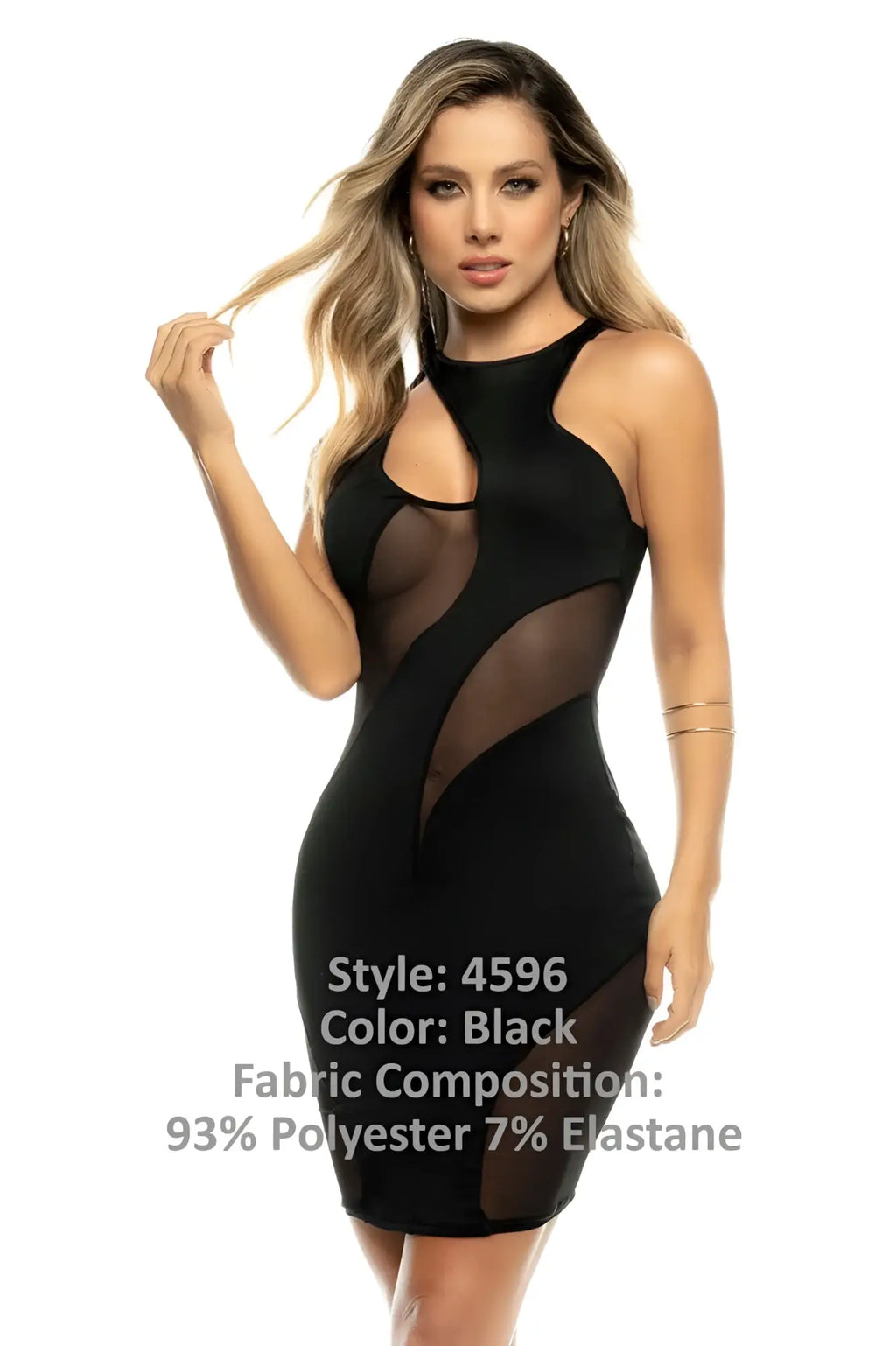 Black form-fitting Mapale 4596 Edna dress featuring sheer mesh panels and a high neckline