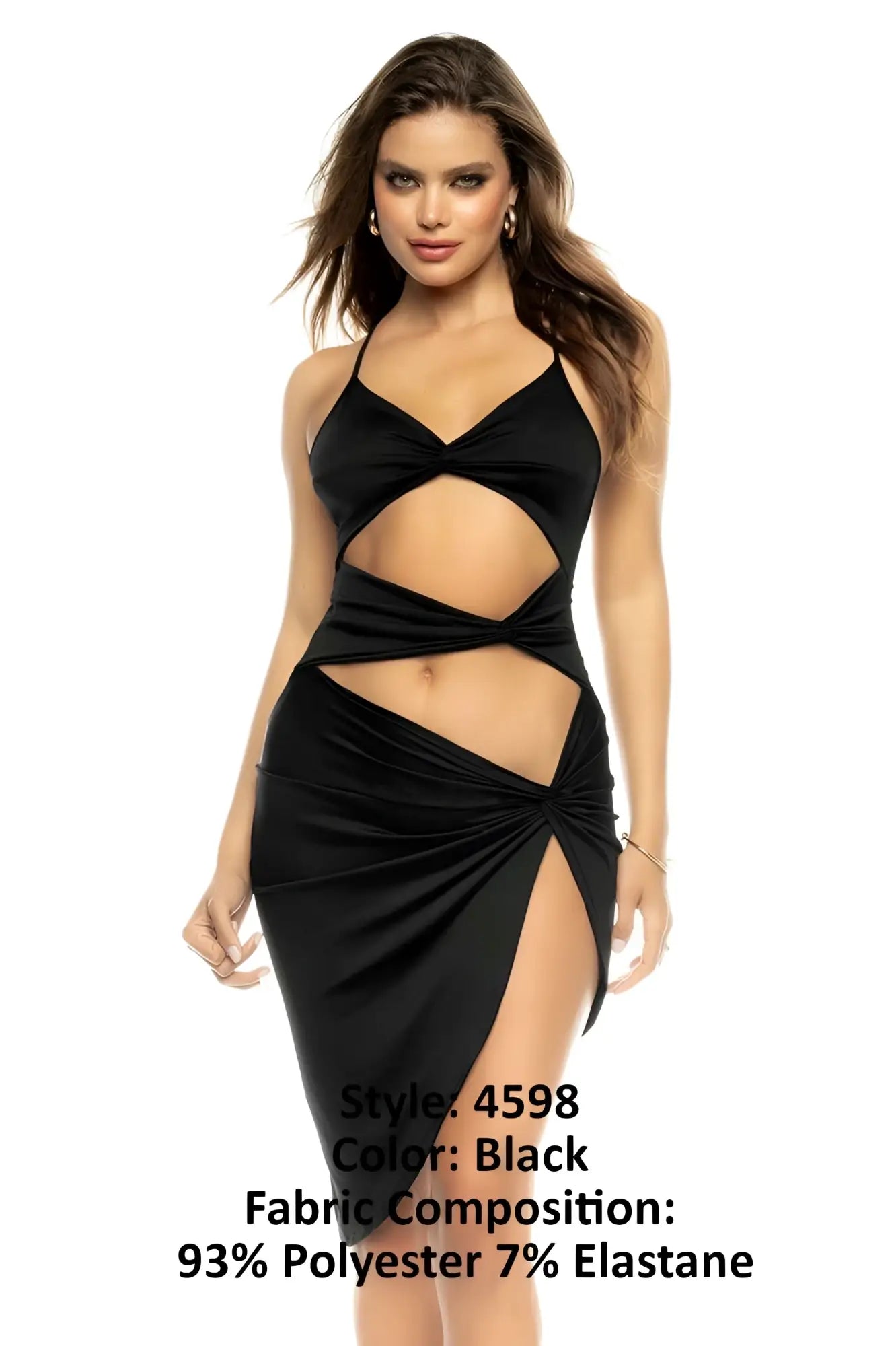 Black halter neck Mapale 4598 Medina dress with cut out twisted fabric details in sleek black color