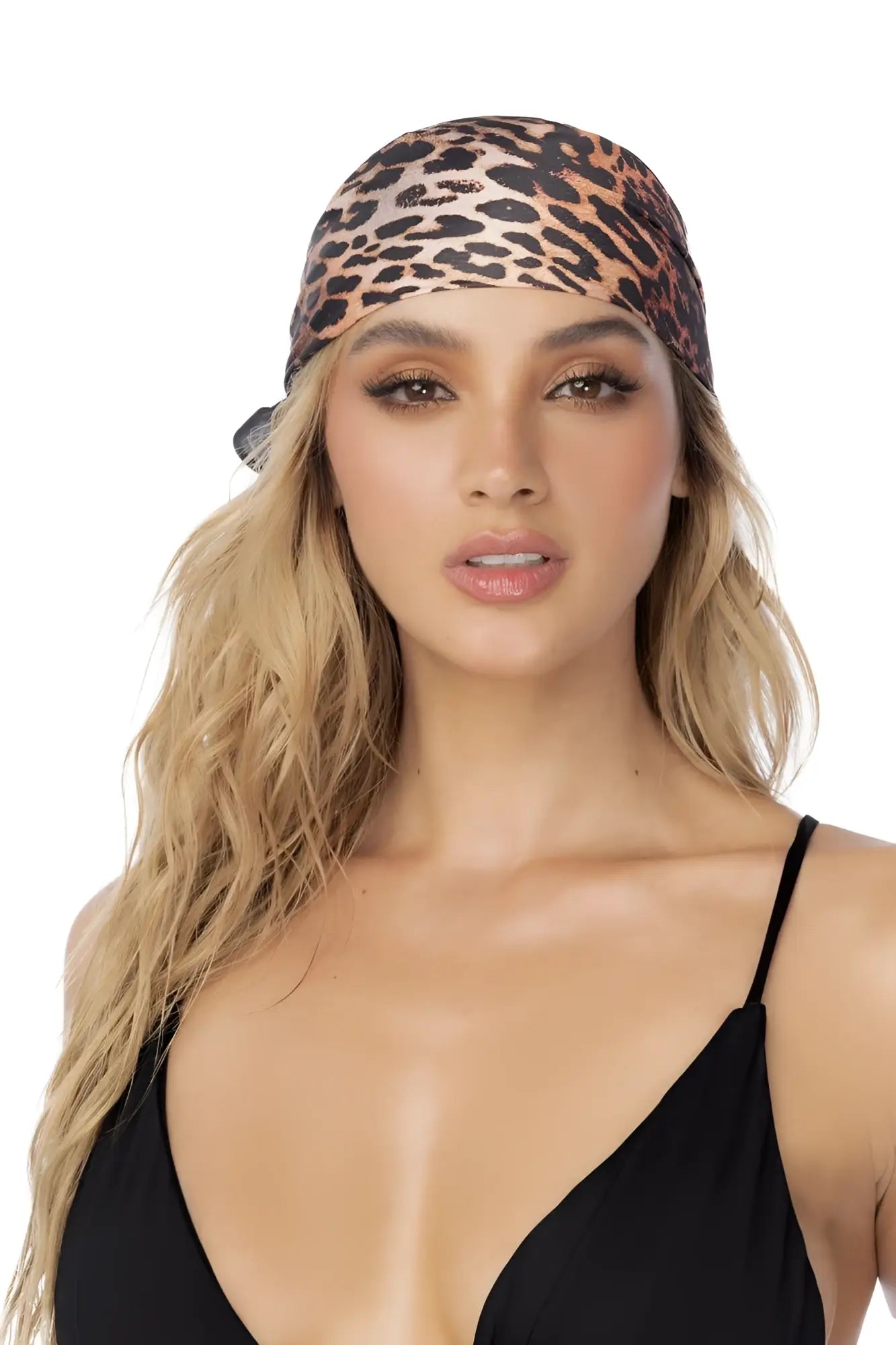 Mapale 47018 all ways scarf animal print with leopard print soft stretchy fabric and bold black spots on tan background