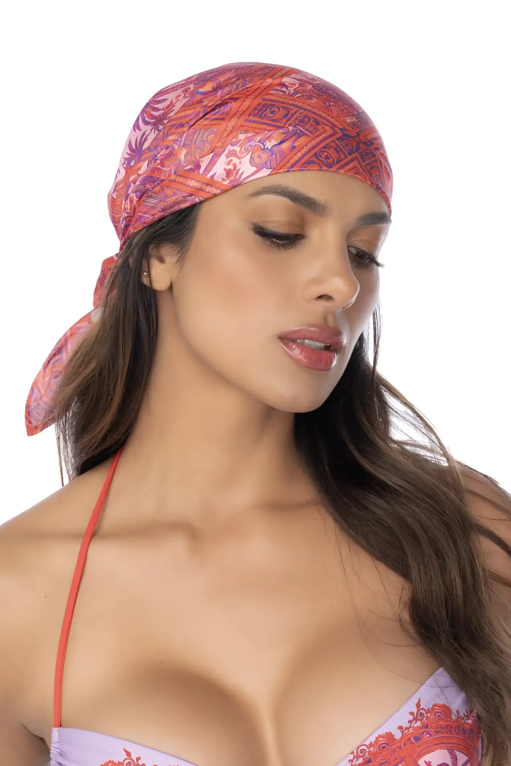 Mapale 47018 all ways scarf vibrant pink and orange paisley patterned headscarf wrapped snugly desert mirage color