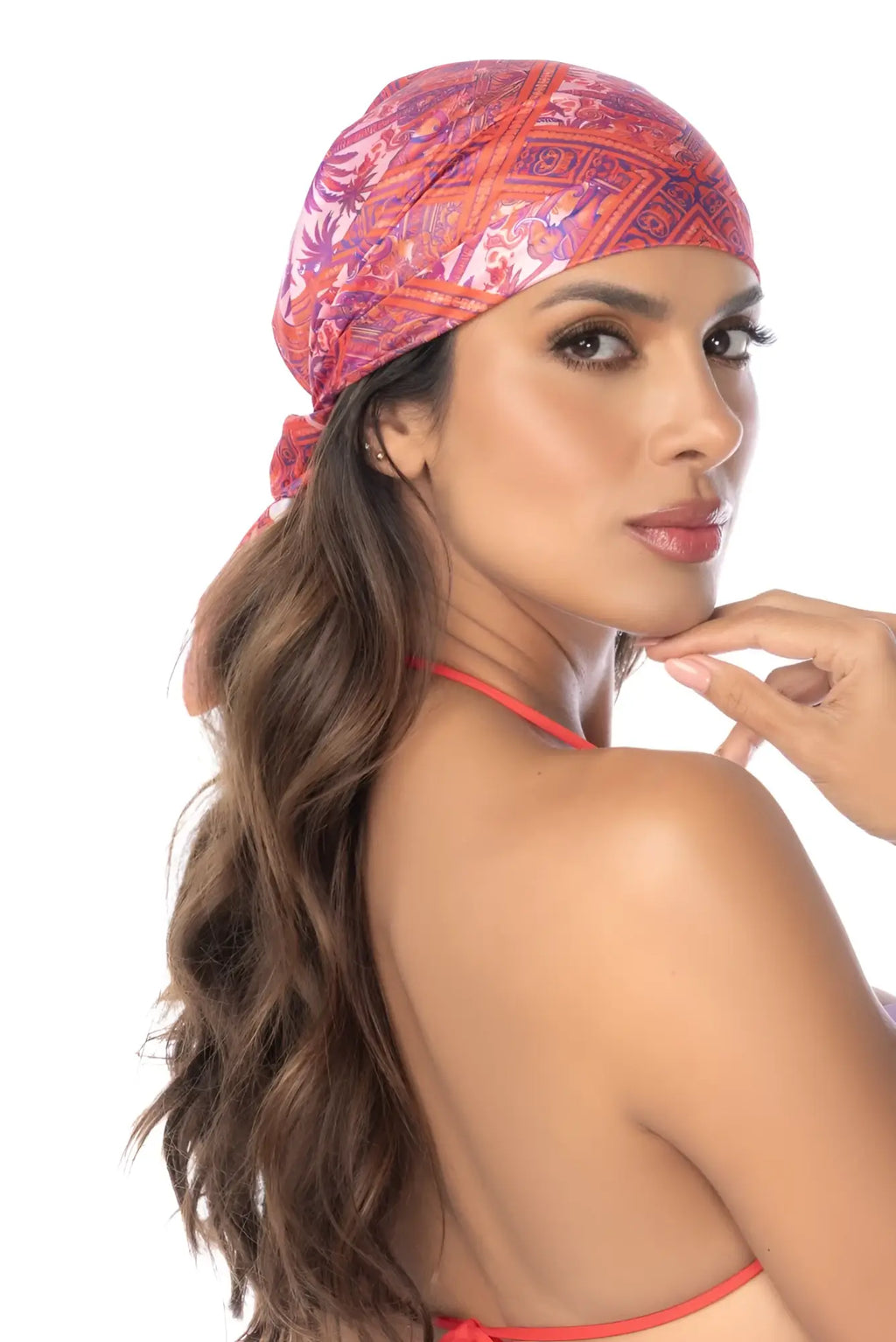 Mapale 47018 all ways scarf desert mirage vibrant pink and purple geometric patterned headscarf wrapped snugly