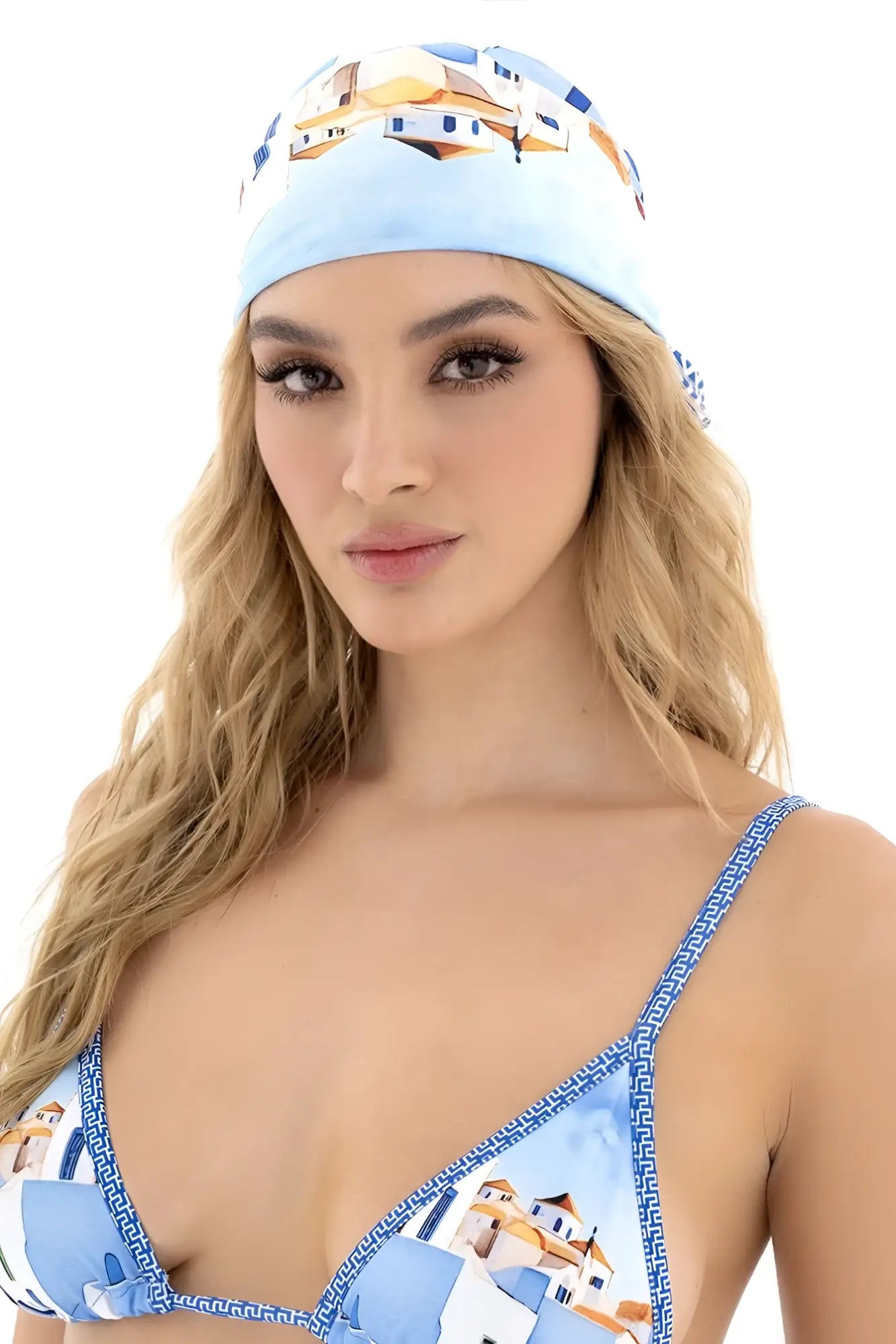 Mapale 47018 all ways scarf in santorini blue with white and beige building pattern on light blue headscarf fabric