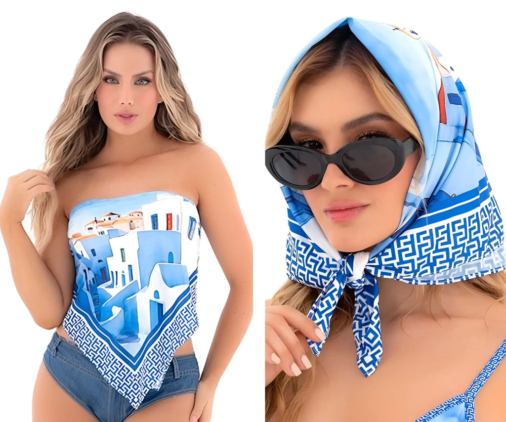 Mapale 47018 all ways scarf in santorini blue is a blue and white patterned mediterranean village design worn as bandeau top and headscarf