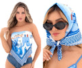 Mapale 47018 all ways scarf in santorini blue is a blue and white patterned mediterranean village design worn as bandeau top and headscarf
