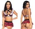 Red and black plaid schoolgirl-themed lingerie set with white lace trim and black straps by mapale
