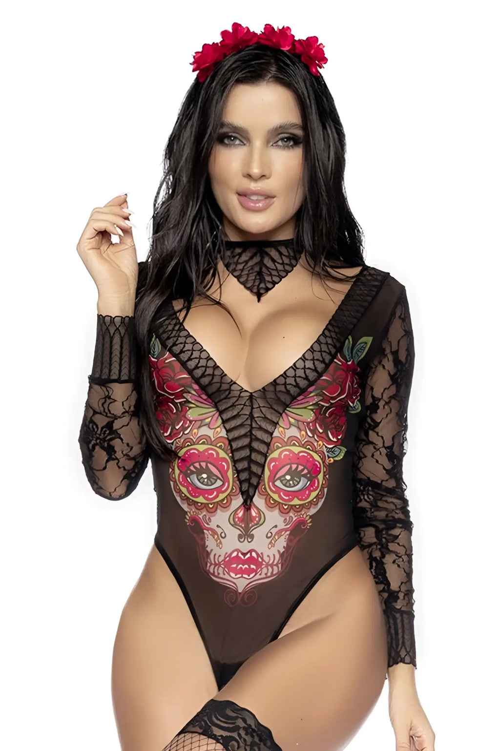 Black lace bodysuit Mapale 60008 costume featuring a vibrant sugar skull design with red and pink floral accents