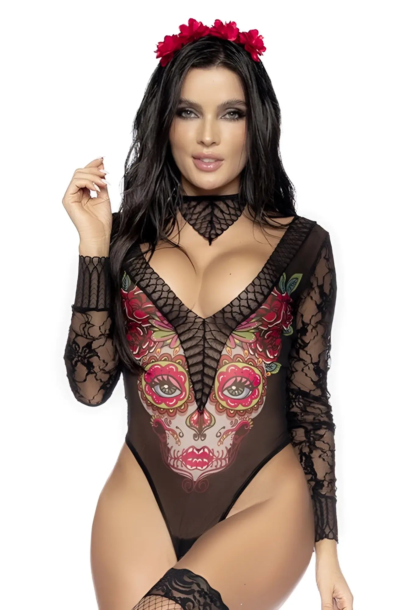 Black lace bodysuit Mapale 60008 costume featuring a vibrant sugar skull design with red and pink floral accents