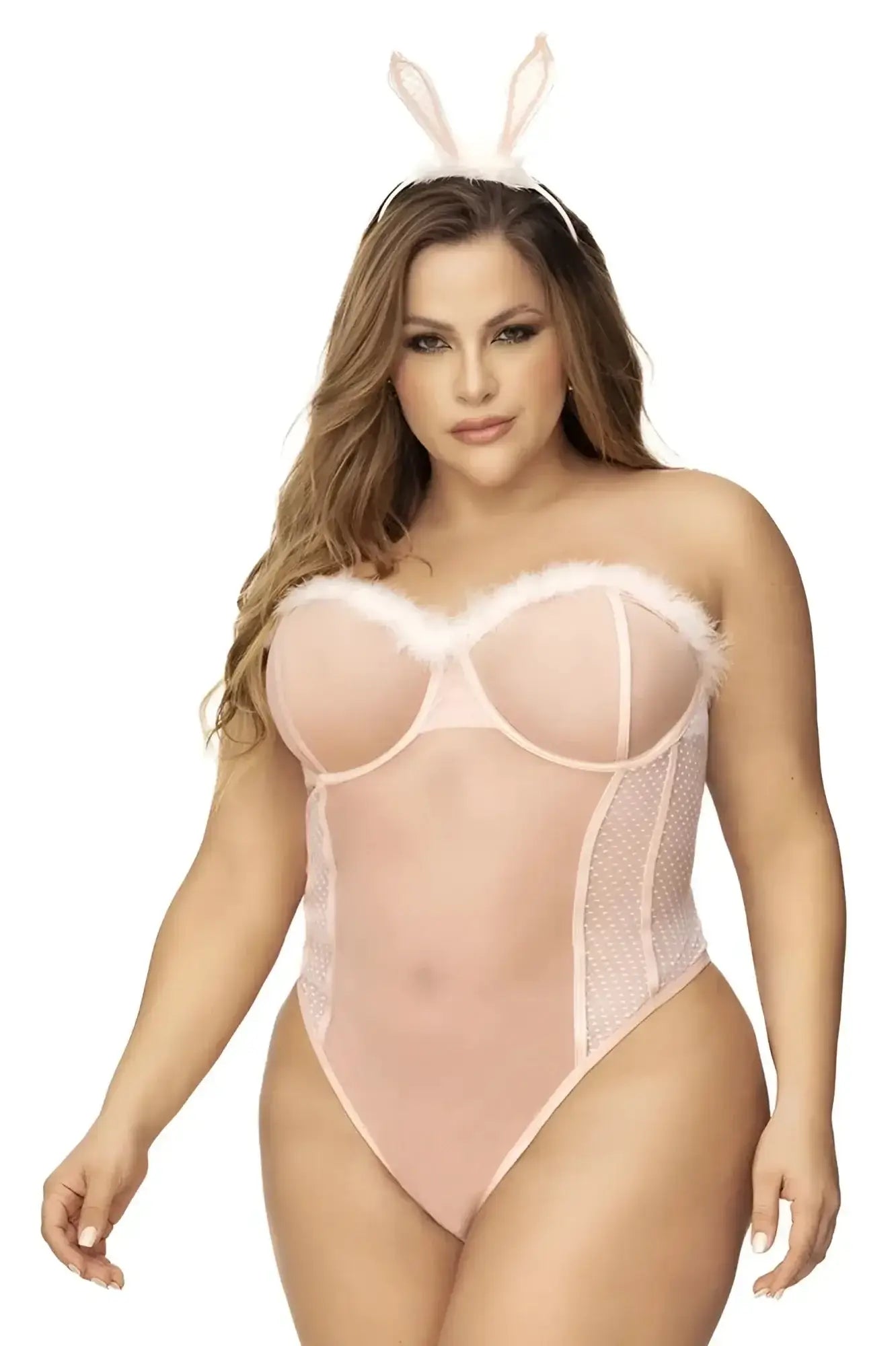 Pink bunny-themed bodysuit by mapale featuring sheer mesh and faux fur trim in sexy costume color only pink