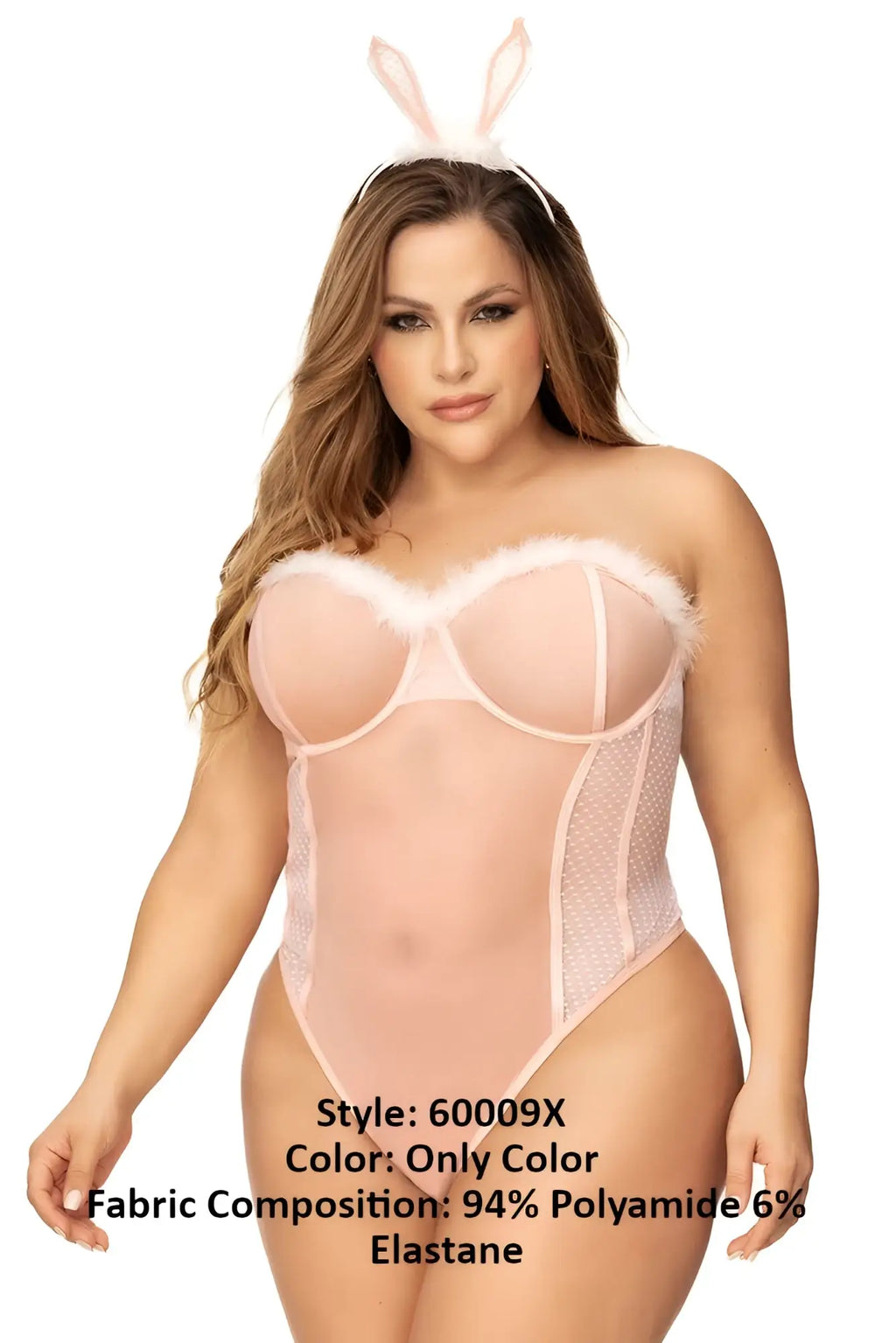 Mapale 60009x pink bunny-themed bodysuit with sheer mesh and faux fur trim in sexy costume style