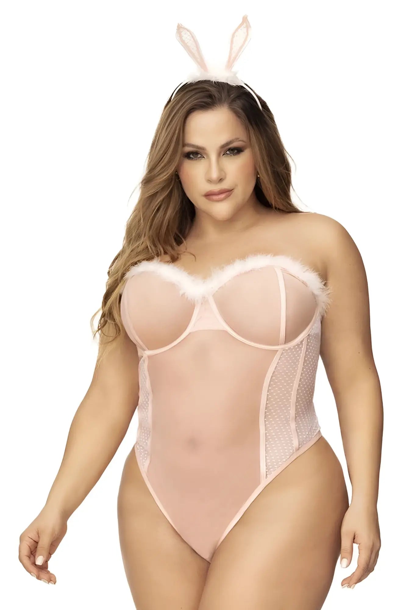 Pink bunny-themed bodysuit by mapale featuring sheer mesh and faux fur trim in sexy costume color only pink