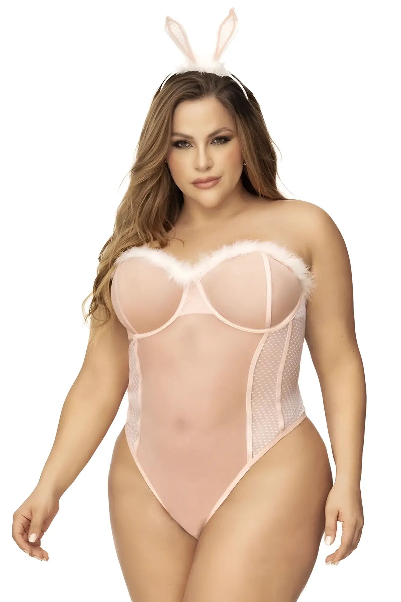 Pink bunny-themed bodysuit with sheer mesh panels and faux fur trim from mapale 60009x costume sexy bunny collection