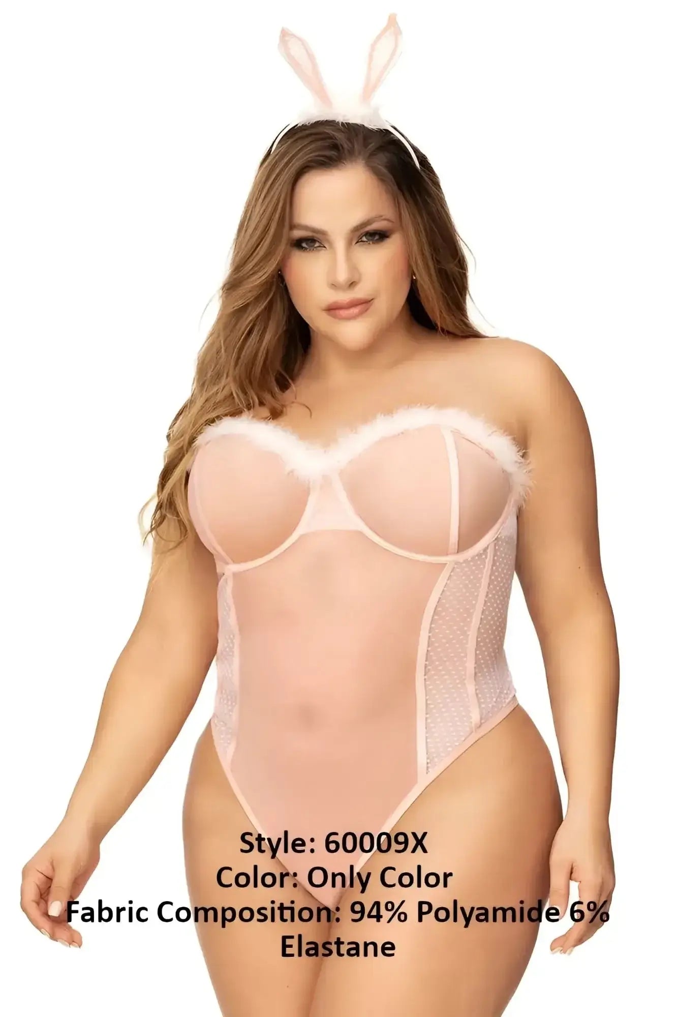 Mapale 60009x pink bunny-themed bodysuit with sheer mesh and faux fur trim in sexy costume style