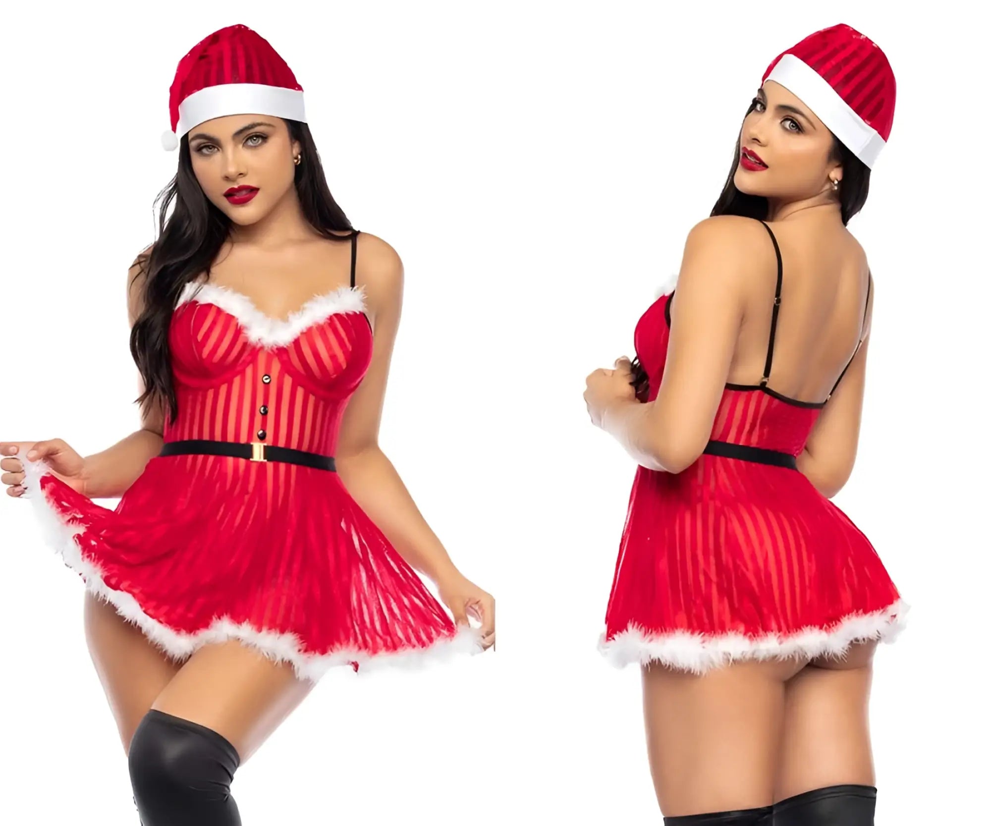 Red santa claus-themed lingerie dress by mapale 60010 with white fur trim black straps belt and corset-style bodice