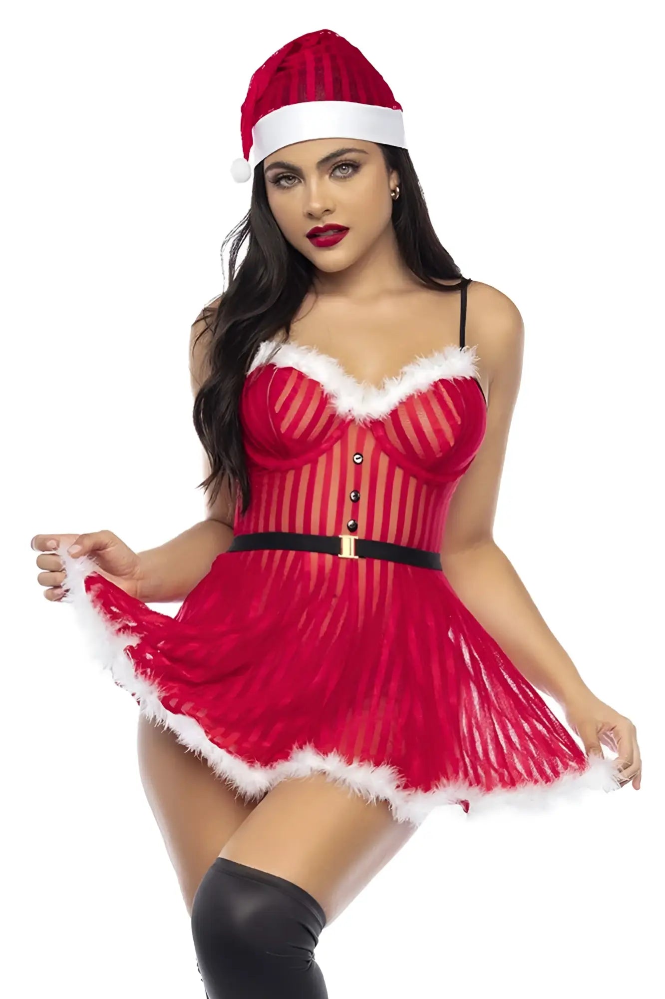 Red santa-themed lingerie dress by mapale with white fur trim and black belt for mrs claus costume use
