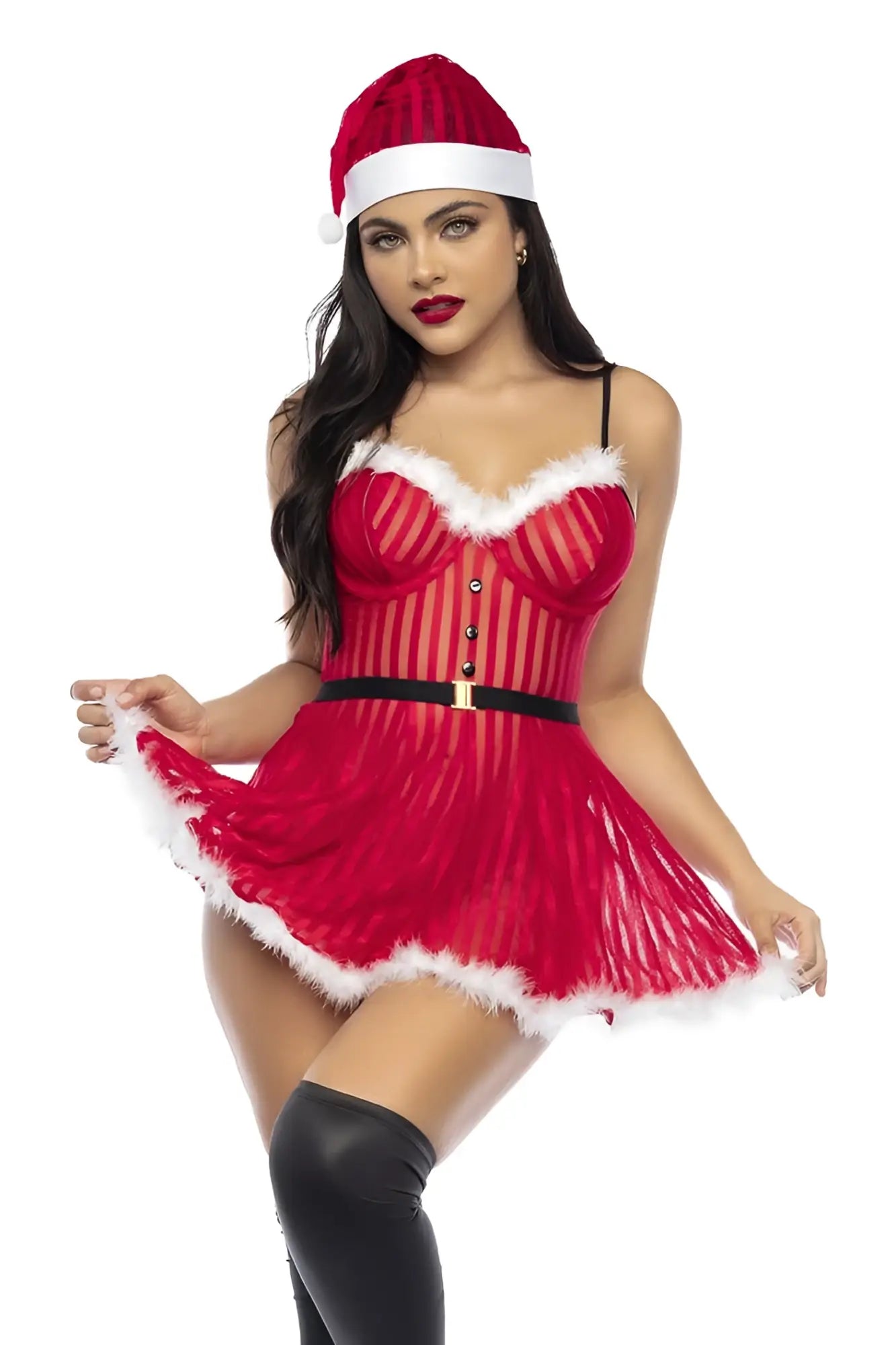 Red santa-themed lingerie costume with white fur trim black belt and thin straps from mapale 60010 mrs claus collection