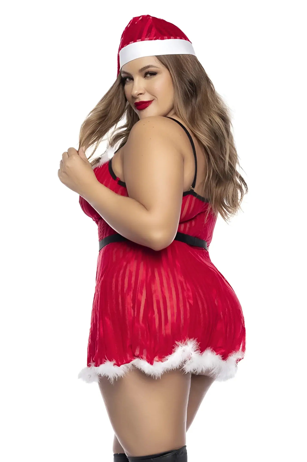 Red mrs claus costume with black and white fur trim in a santa claus style by mapale model 60010x