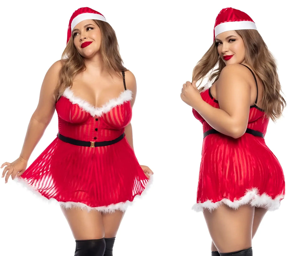 Red santa claus-themed lingerie dress with white fur trim and black belt from mapale 60010x costume mrs claus color