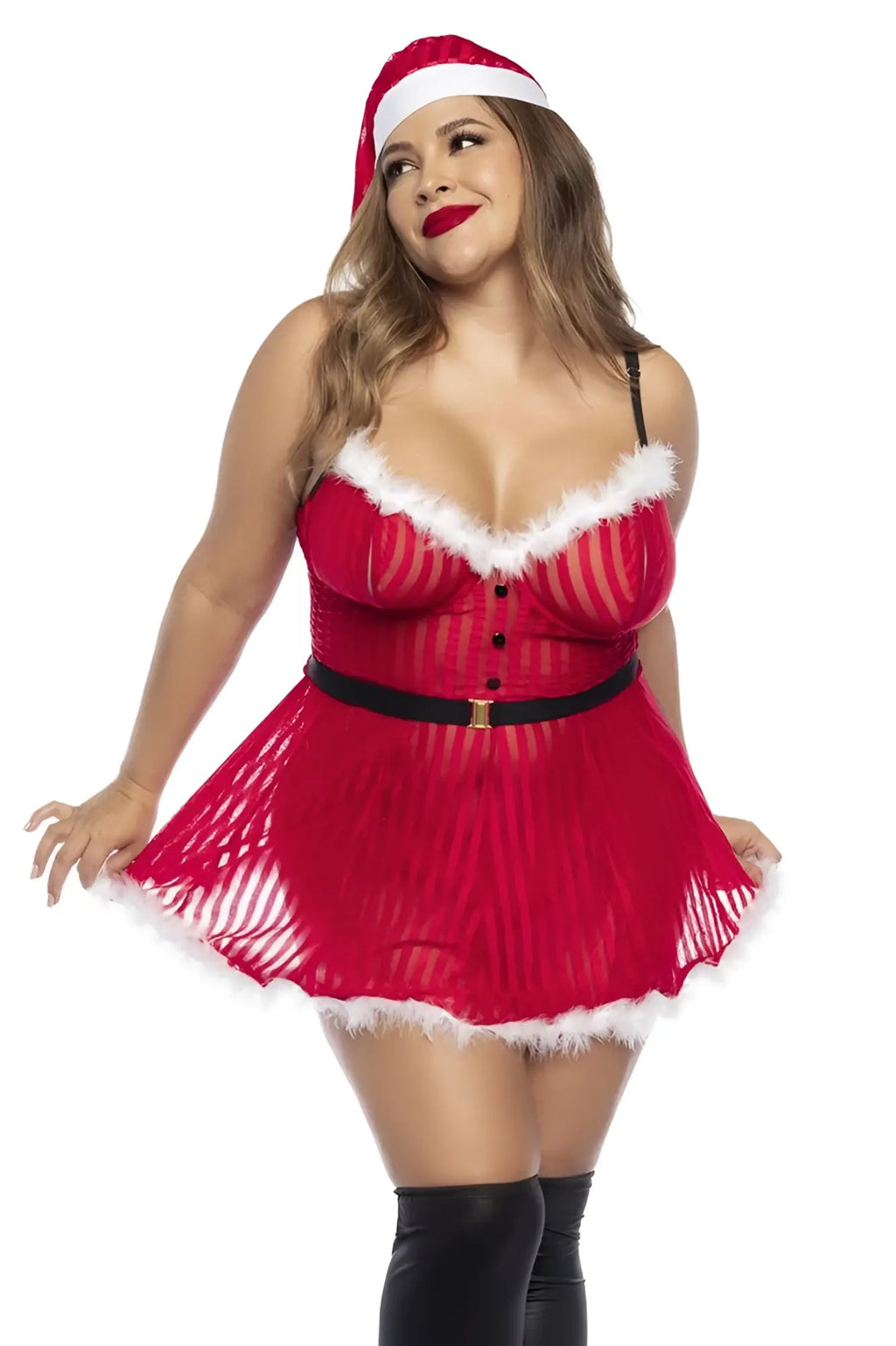 Red santa claus themed plus size costume dress with white fur trim black belt and sheer mesh fabric by mapale