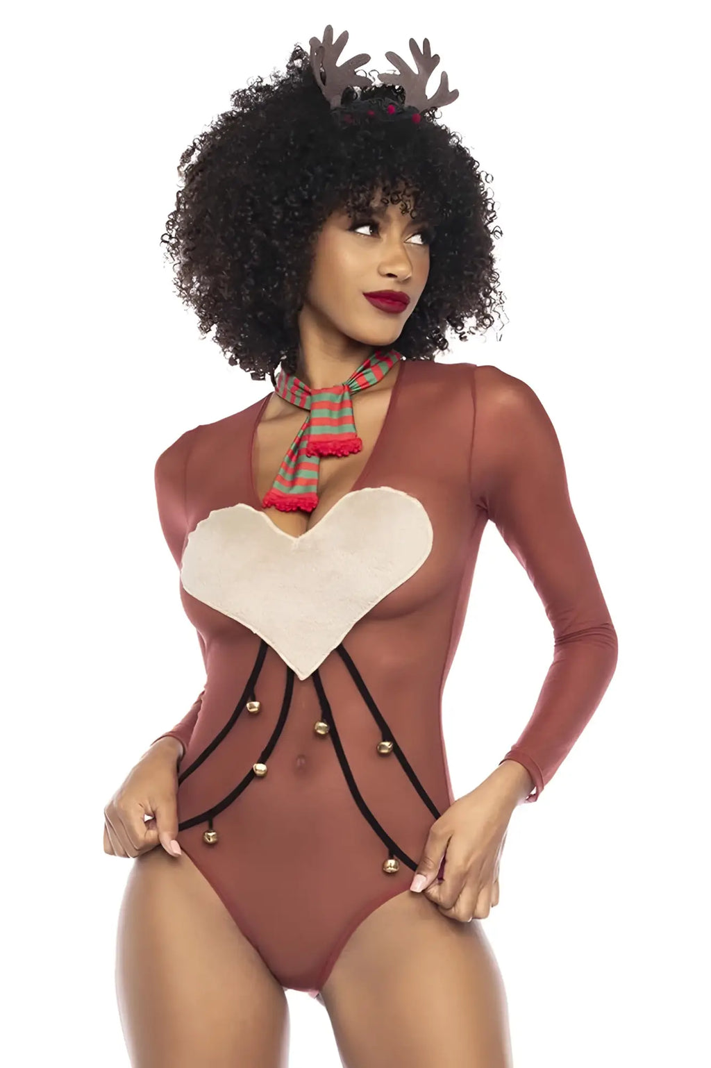 Mapale 60012 festive brown reindeer-themed bodysuit with white heart patch black straps and gold bells for costume use